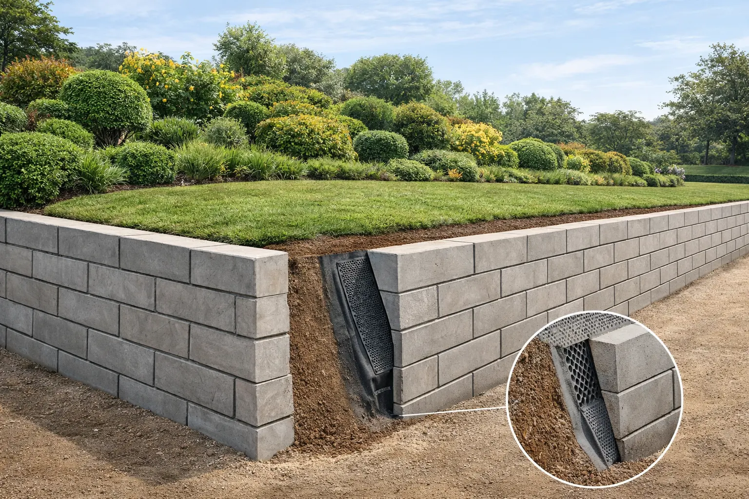 Retaining wall and landscaping works, geocomposite supplied and installed, quantity 1,000 SQM