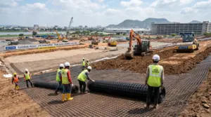 Ocean Biaxial Geogrid 30 kN installation at Reliance project site in Vijayawada for soil stabilization and ground reinforceme