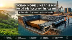 Industrial HDPE geomembrane liner installation in Assam India oil field with workers laying black polyethylene sheet