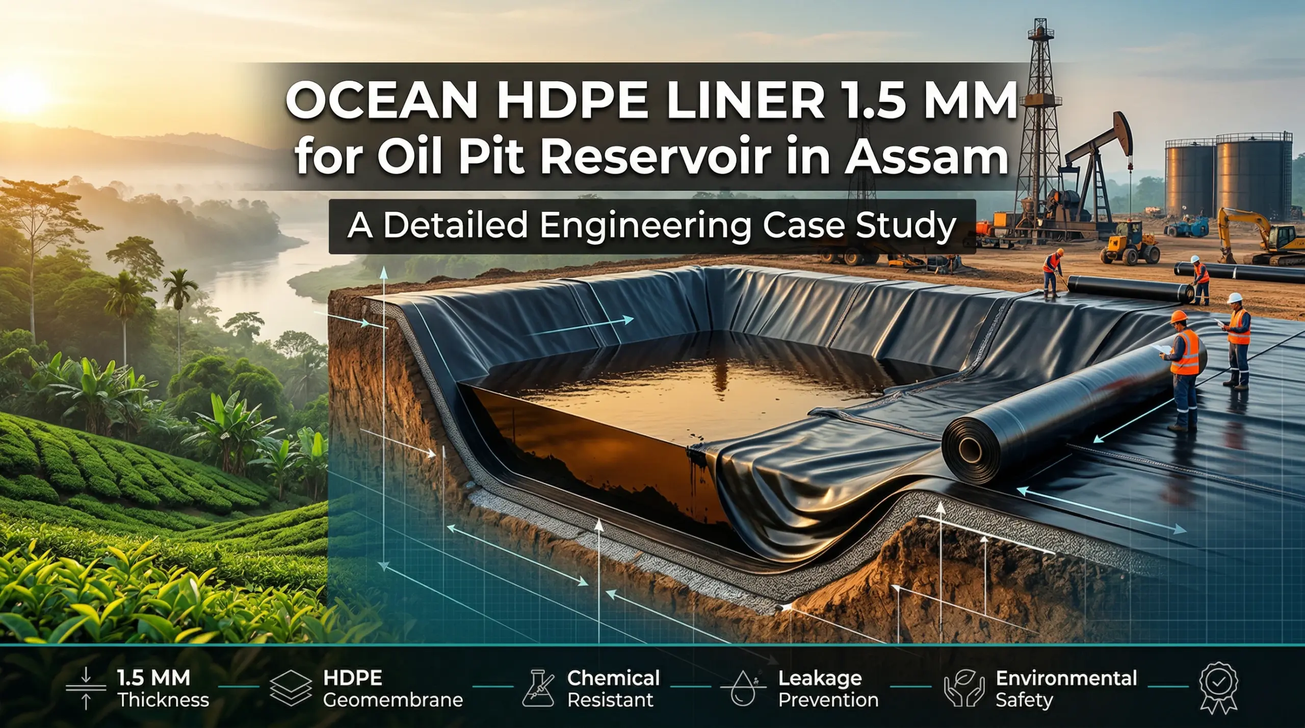 Industrial HDPE geomembrane liner installation in Assam India oil field with workers laying black polyethylene sheet