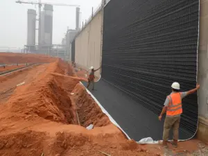Workers installing a drainage geocomposite against a concrete retaining wall at an industrial plant construction site