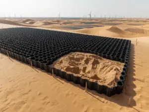 Expanded HDPE geocell honeycomb panels staked on desert sand and partly filled, at a renewable energy site in Jaisalmer