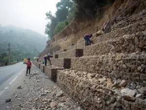 Stepped gabion retaining wall of rock-filled wire mesh boxes supporting a slope beside a hill road