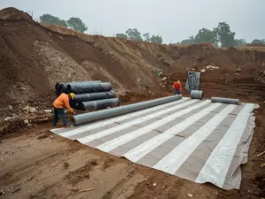 Workers unrolling a geosynthetic clay liner across the clay base of a landfill cell, with HDPE geomembrane rolls nearby