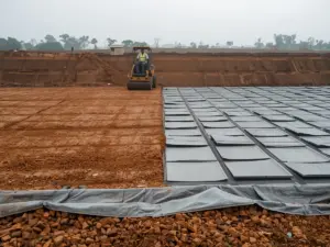 Landfill base with a compacted clay layer next to overlapping geosynthetic clay liner panels