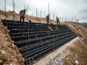 HDPE geocell honeycomb pinned on an embankment slope while workers fill the cells with soil and gravel
