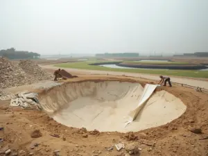 Workers laying white geotextile in a shaped golf bunker with a lined lake under construction behind