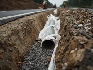 Roadside drainage trench lined with white non woven geotextile around a perforated pipe on gravel