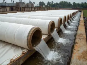White geotextile dewatering tubes on a drying bed, with filtered water draining out