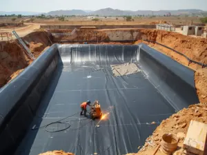 Worker welding seams of a black HDPE geomembrane liner in an excavated pond at a bioenergy plant site in Maharashtra