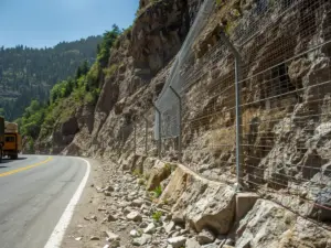 Steel wire rope rockfall barrier and draped mesh on a rocky slope above a mountain highway