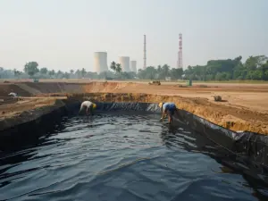 Workers laying HDPE geomembrane in an excavated pond with thermal power plant cooling towers behind