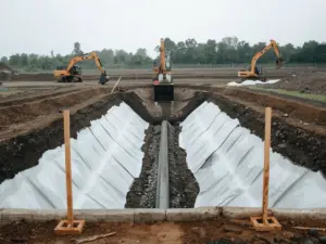 Landfill cell under construction lined with HDPE geomembrane and a leachate collection trench
